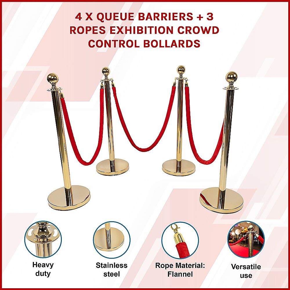 Queue Barriers 4x + 3 Ropes Exhibition Crowd Control Bollards