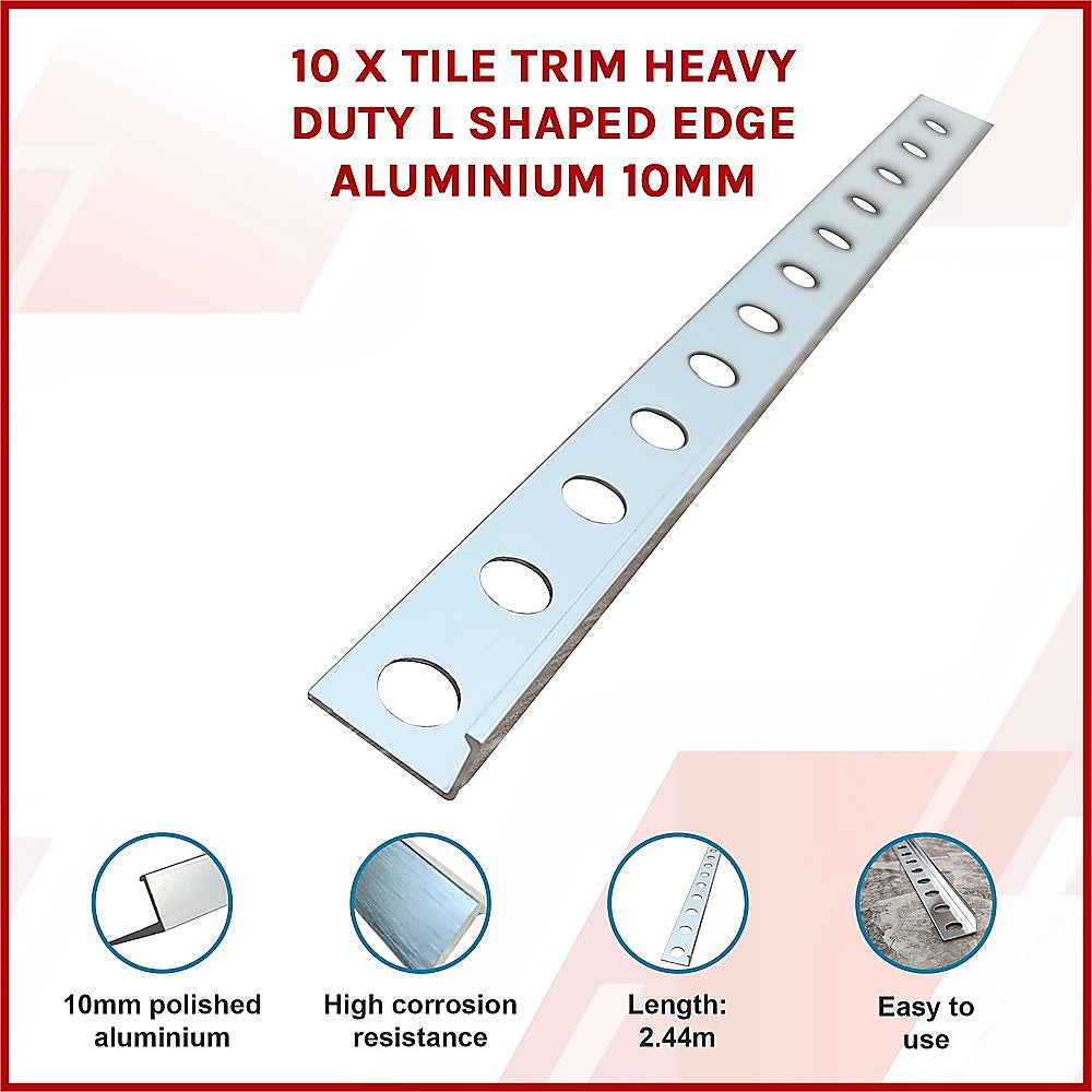 Tile Trim 10x Heavy Duty L-Shaped Edge Aluminium 10mm
