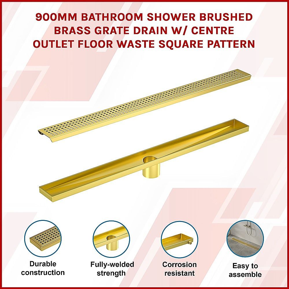 Bathroom Shower Brushed Brass Grate Drain 900mm with Centre Outlet Floor Waste Square Pattern