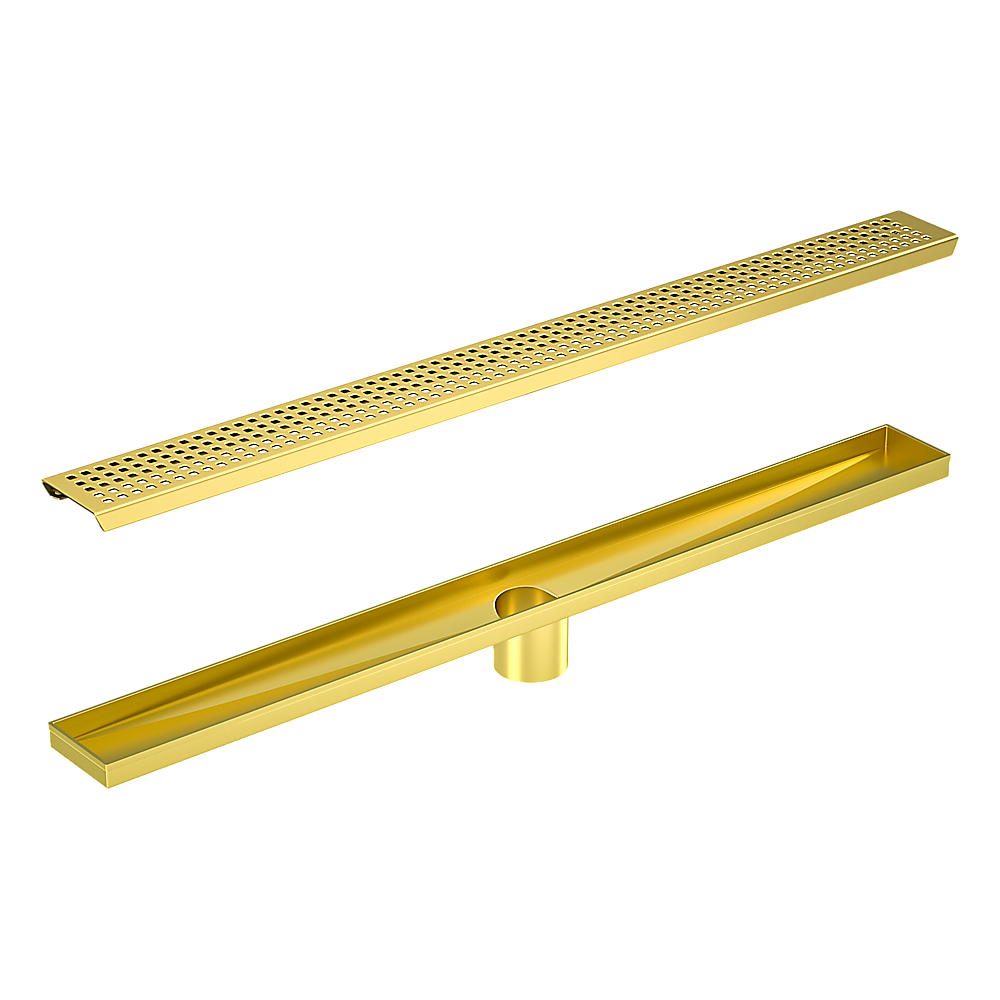 Bathroom Shower Brushed Brass Grate Drain 900mm with Centre Outlet Floor Waste Square Pattern