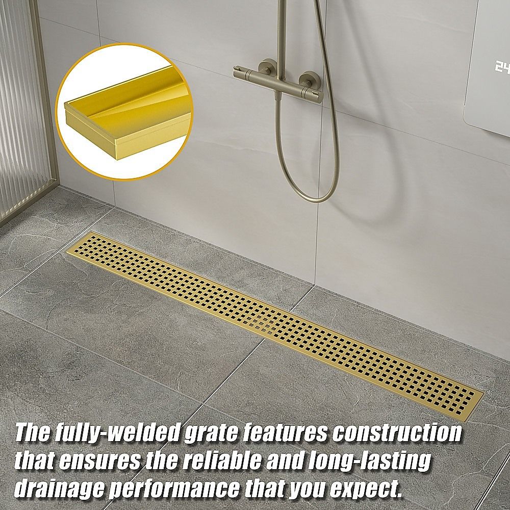 Bathroom Shower Brushed Brass Grate Drain 900mm with Centre Outlet Floor Waste Square Pattern