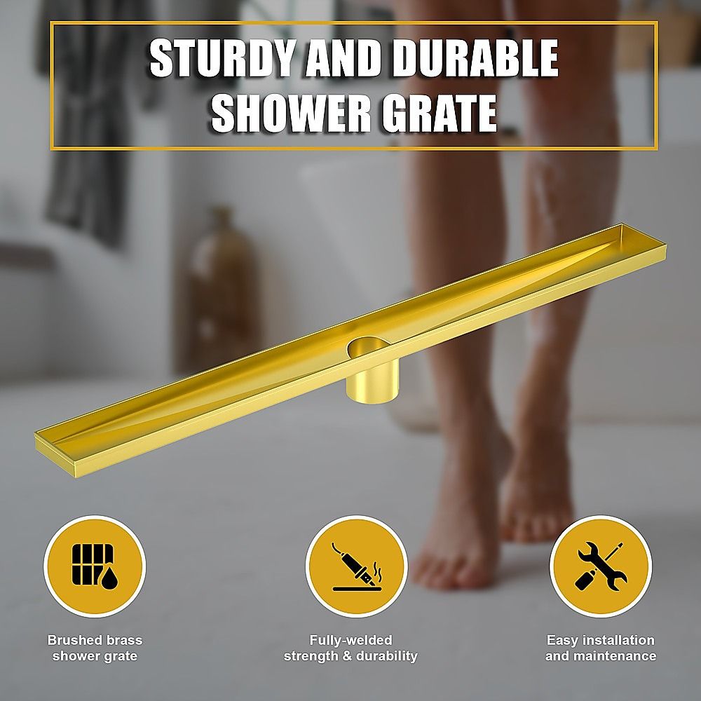 Bathroom Shower Brushed Brass Grate Drain 900mm with Centre Outlet Floor Waste Square Pattern