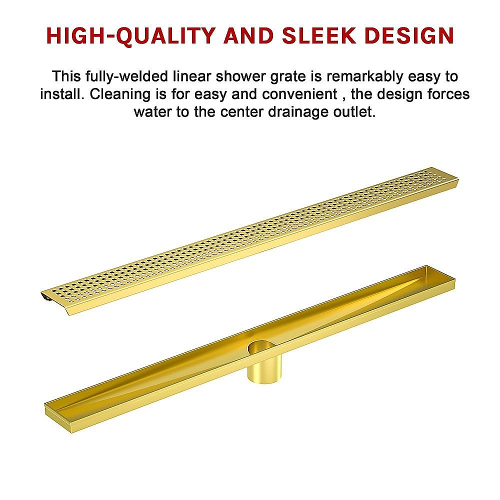 Bathroom Shower Brushed Brass Grate Drain 900mm with Centre Outlet Floor Waste Square Pattern
