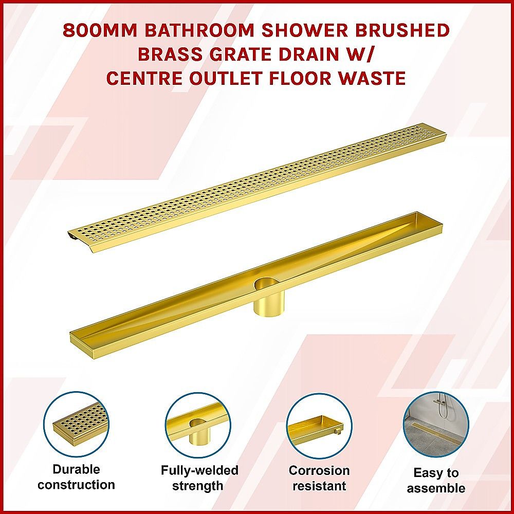 Bathroom Shower Brushed Brass Grate Drain 800mm with Centre Outlet Floor Waste
