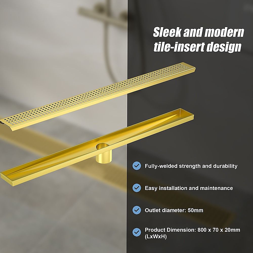 Bathroom Shower Brushed Brass Grate Drain 800mm with Centre Outlet Floor Waste