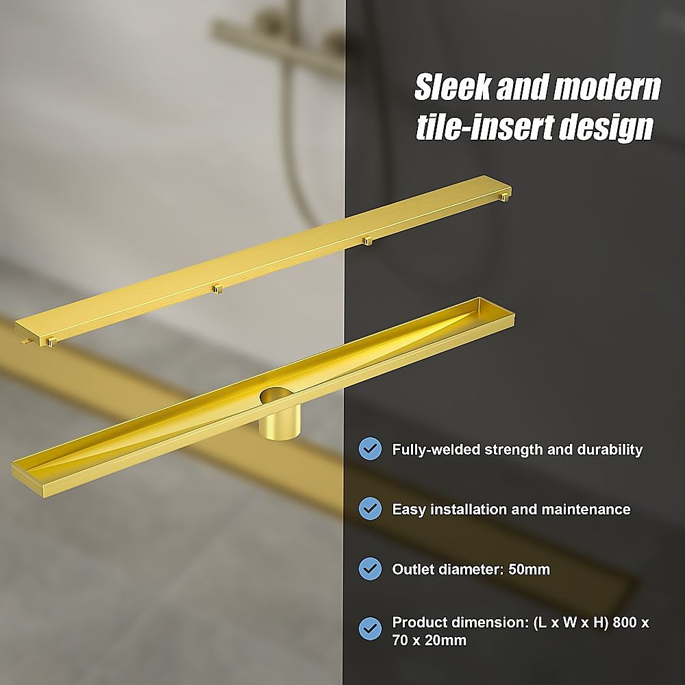 Tile Insert Bathroom Shower Brushed Brass Grate Drain 800mm with Centre Outlet Floor Waste
