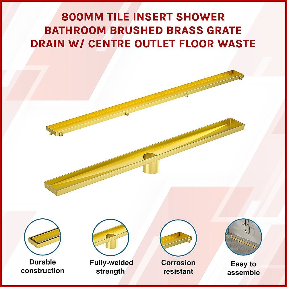 Tile Insert Bathroom Shower Brushed Brass Grate Drain 800mm with Centre Outlet Floor Waste