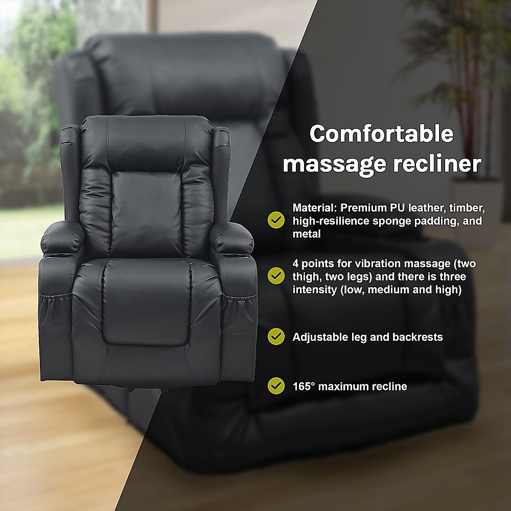 Heated Leather Recliner Massage Chair with USB Port - Lift Function