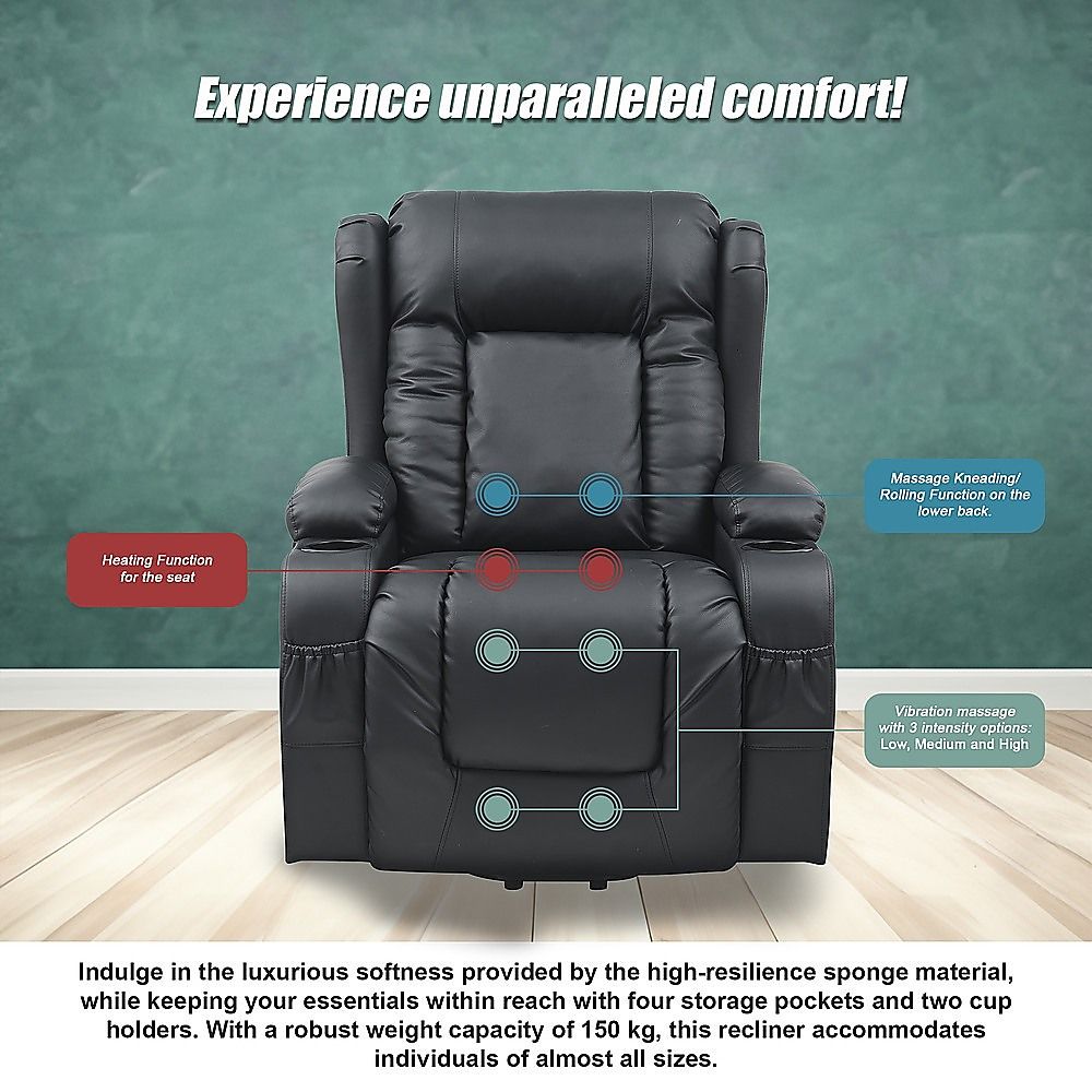 Heated Leather Recliner Massage Chair with USB Port - Lift Function