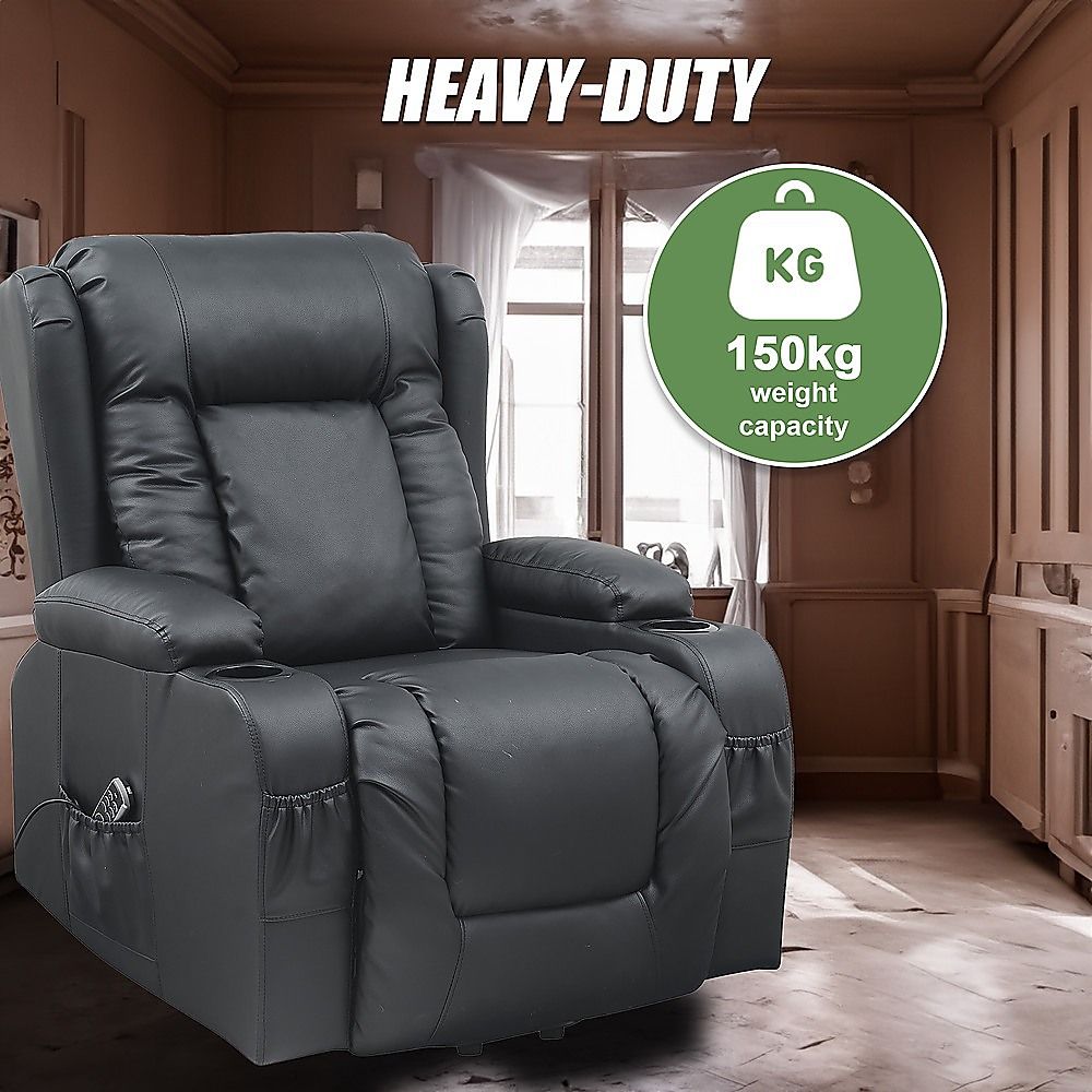 Heated Leather Recliner Massage Chair with USB Port - Lift Function