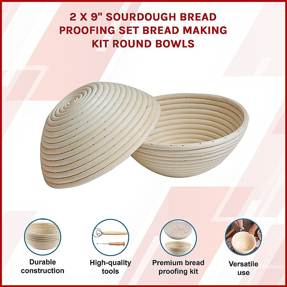 Bread Proofing Set 2 x 9" - Sourdough Bread Making Kit with Round Bowls