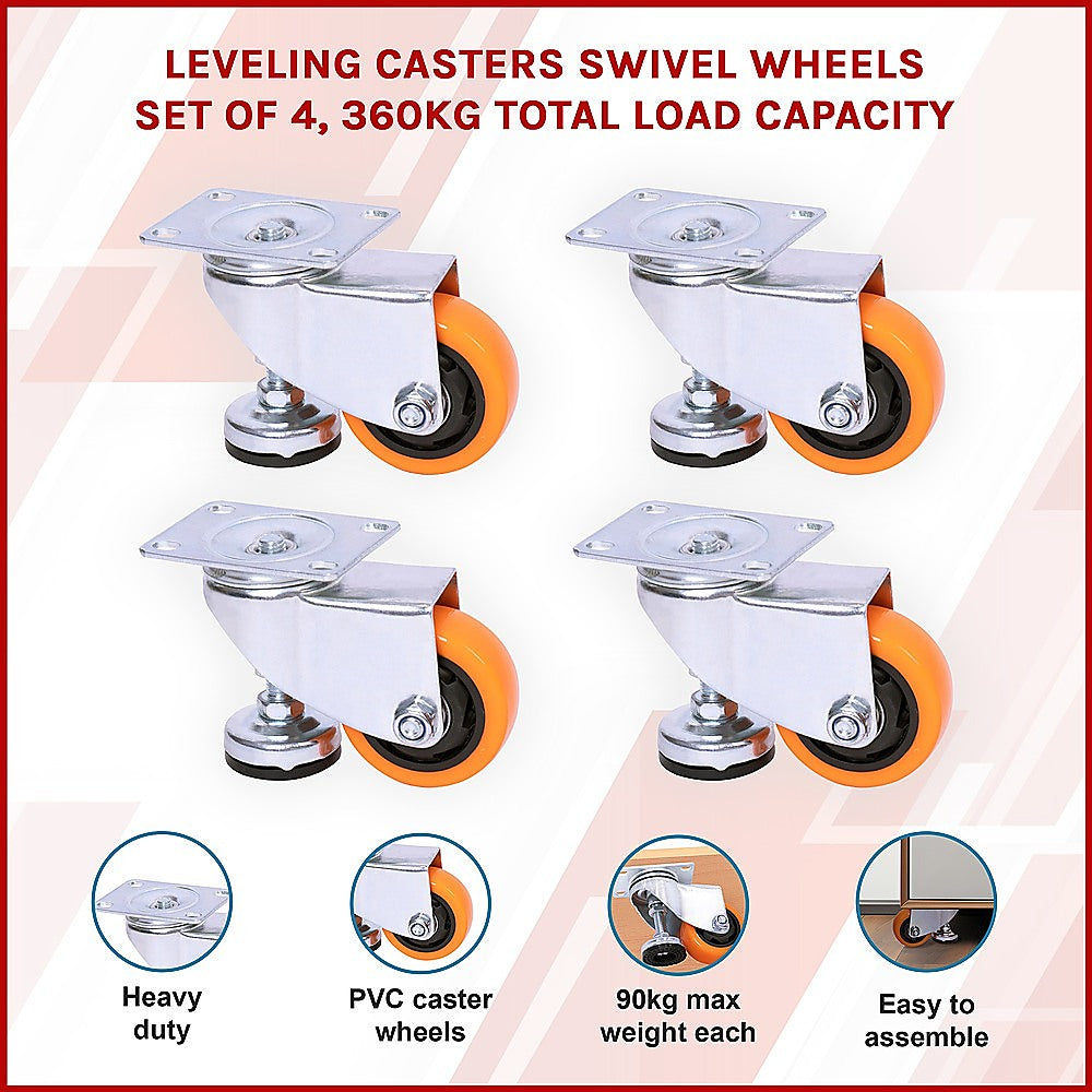 Leveling Casters Swivel Wheels Set of 4, 360 kg Total Load Capacity