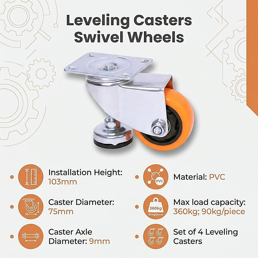 Leveling Casters Swivel Wheels - Set of 4 - 360kg Total Load Capacity
