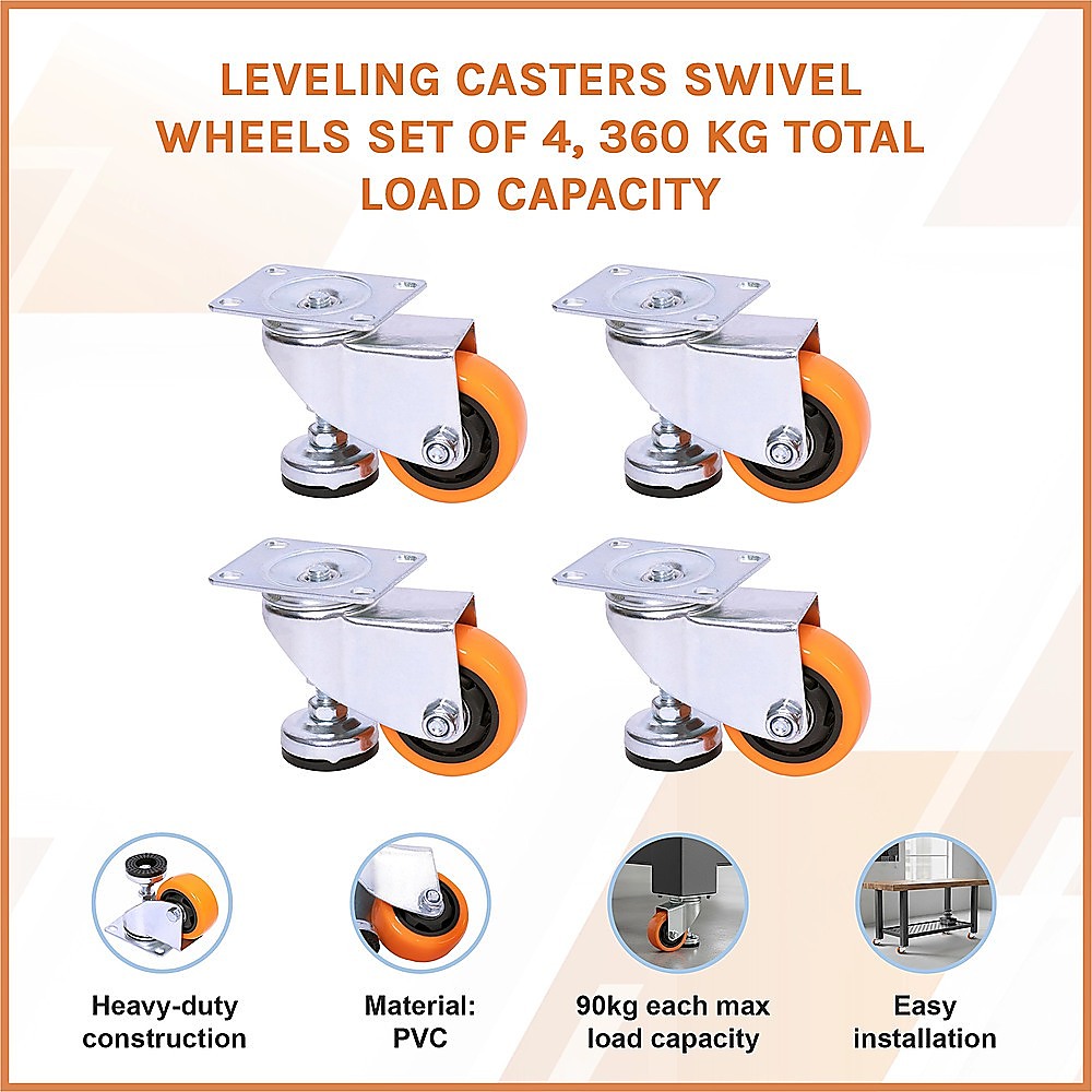 Leveling Casters Swivel Wheels - Set of 4 - 360kg Total Load Capacity