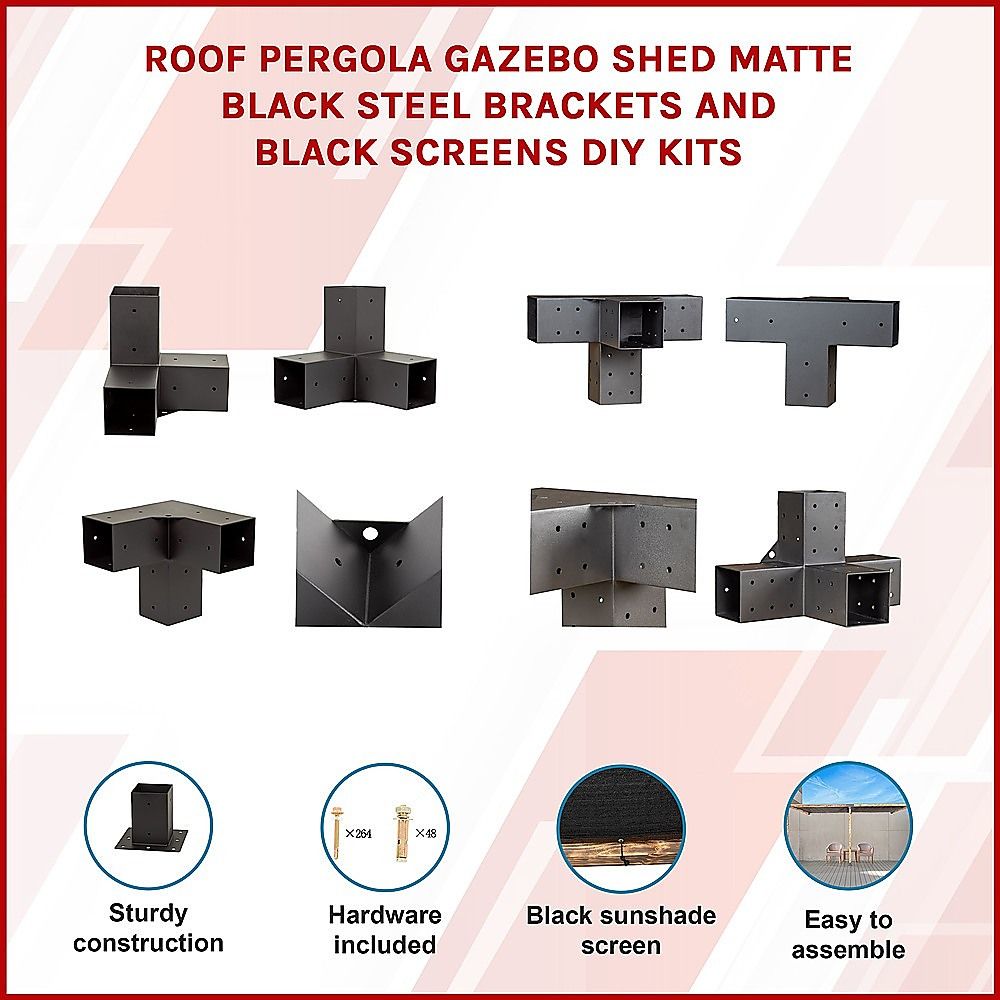 Roof Pergola Gazebo Shed - Matte Black Steel Brackets & Black Screens DIY Kit