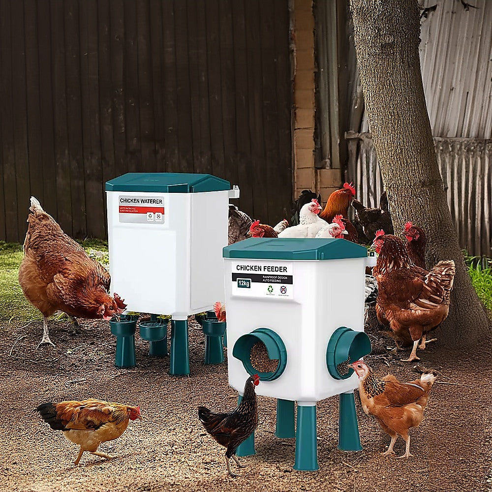 Chicken Feeder Water Food Treadle Poultry Feeder - 12KG Capacity, 11L