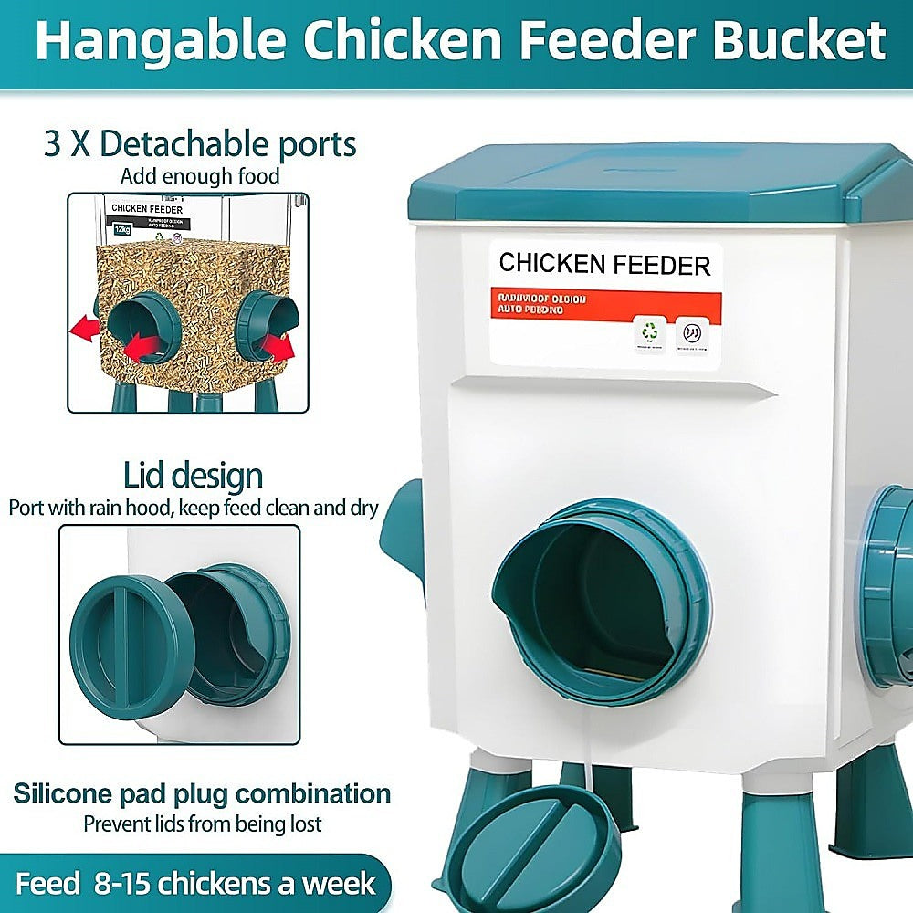 Chicken Feeder Water Food Treadle Poultry Feeder - 12KG Capacity, 11L