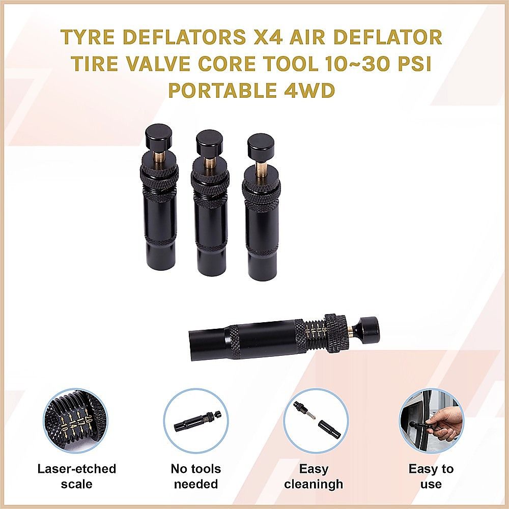 Tyre Deflators x4 Air Deflator Tire Valve Core Tool 10-30 PSI - Portable 4WD