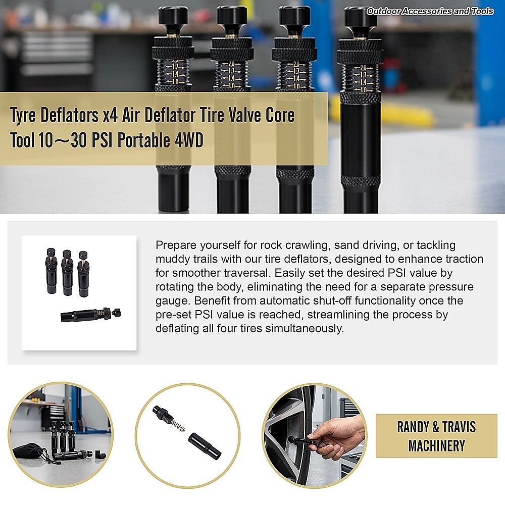 Tyre Deflators x4 Air Deflator Tire Valve Core Tool 10-30 PSI - Portable 4WD