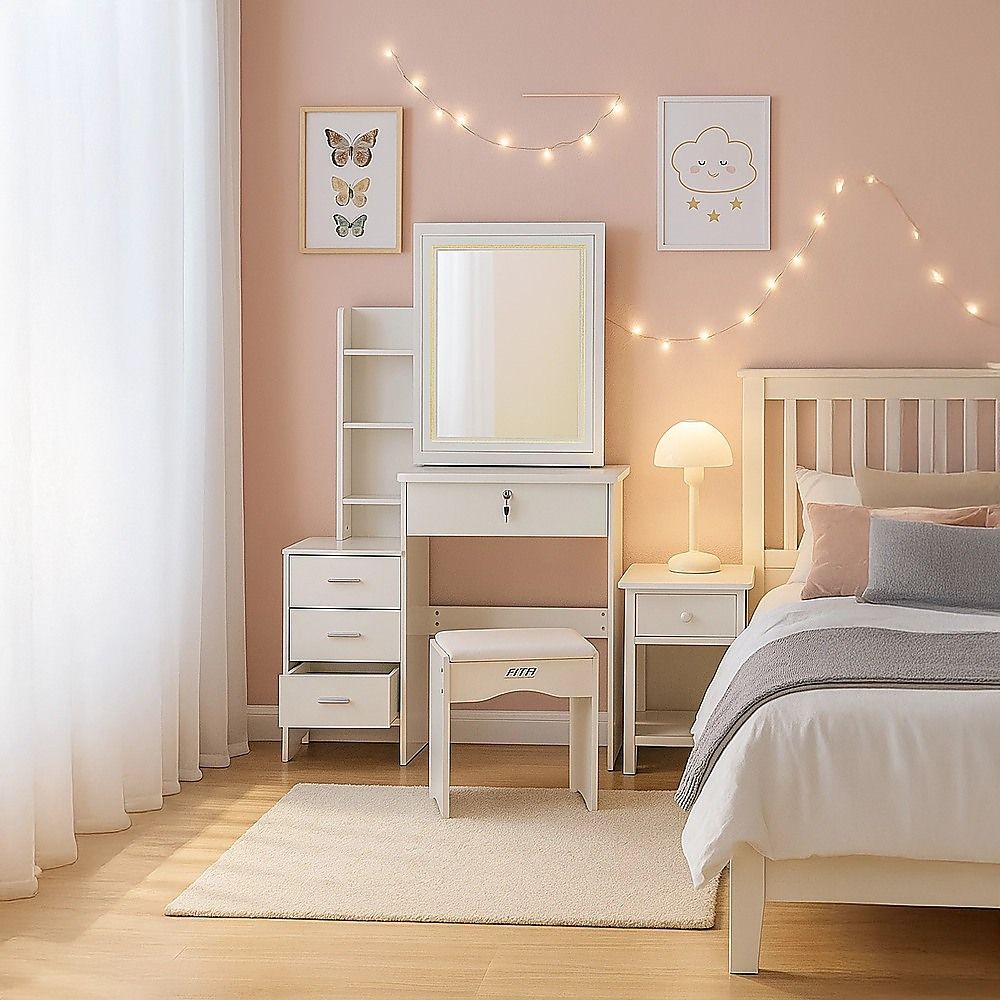 Dressing Table LED Makeup Mirror Stool Set Vanity Desk With Drawer Lighted