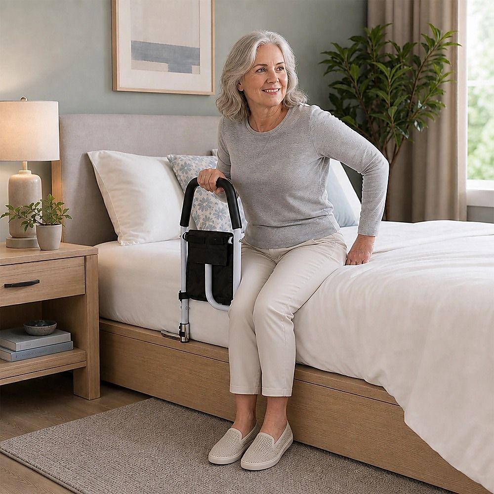Bed rail with black grip and storage pouch shown beside a seated woman on a bed