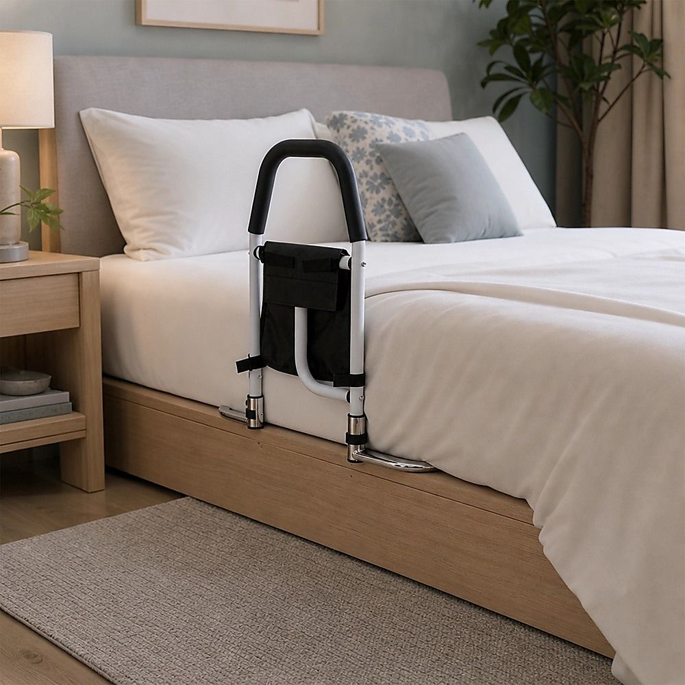 Bed rail fitted beside a mattress, showing its black handle and storage pocket