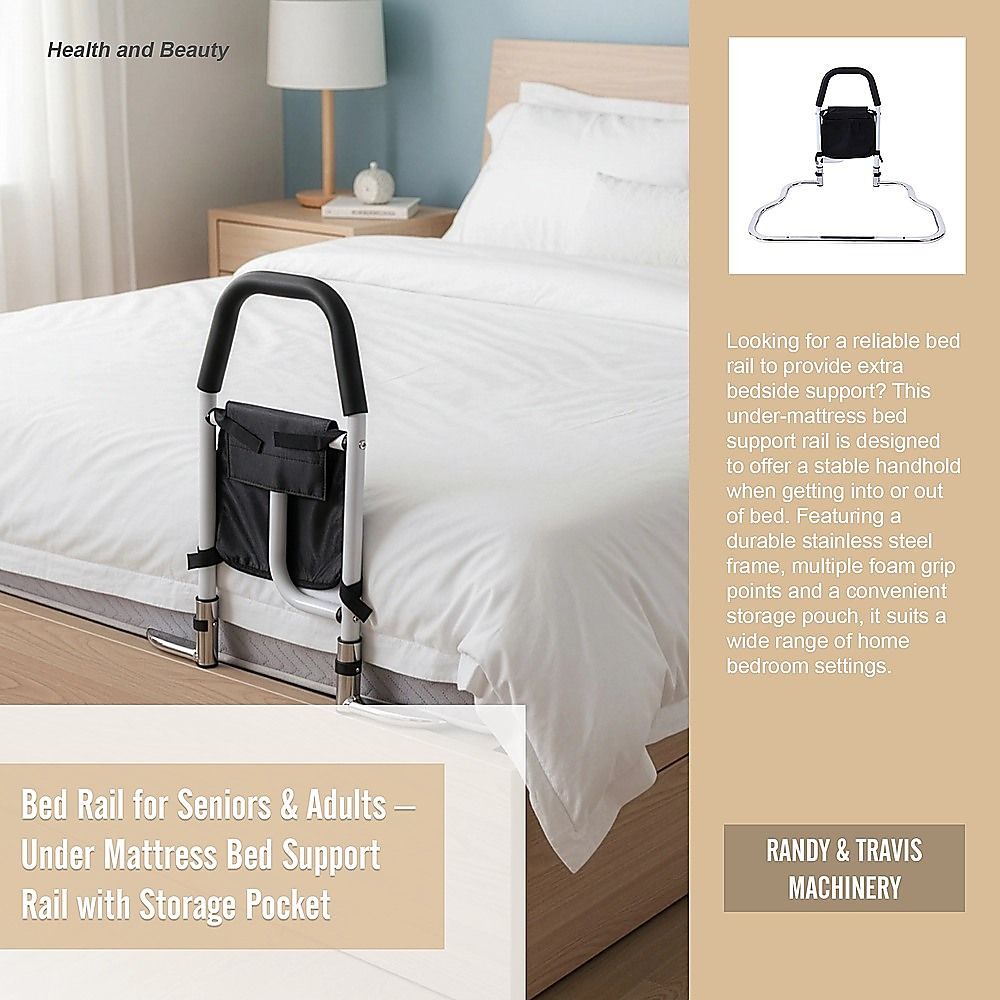 Bed rail shown installed at the bedside, with product overview and storage-pocket detail
