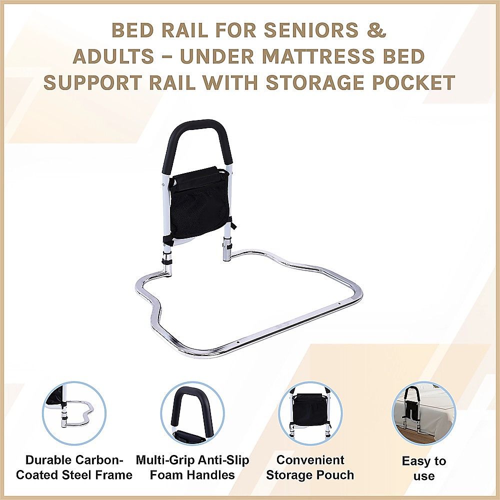 Bed rail overview with close-ups of the frame, handle, storage pouch and bedside fitting