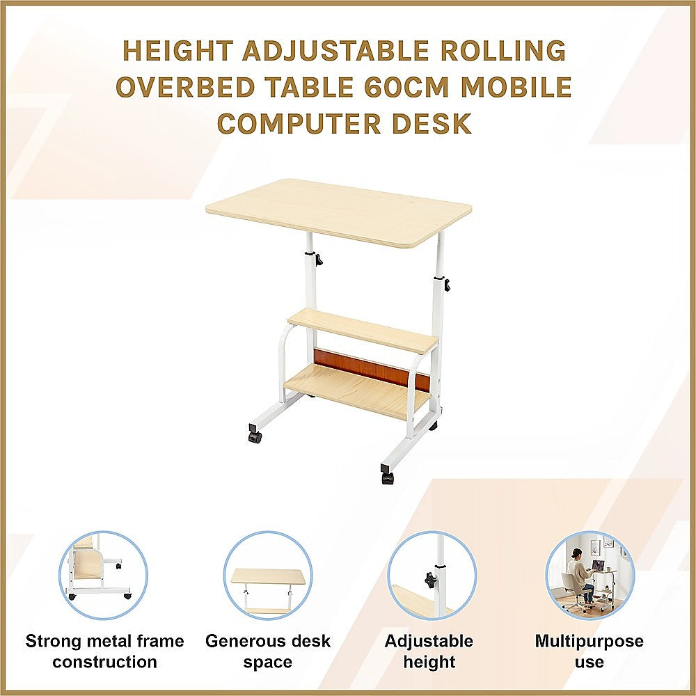 Height Adjustable Rolling Overbed Table – 60cm Mobile Computer & Study Desk on Wheels