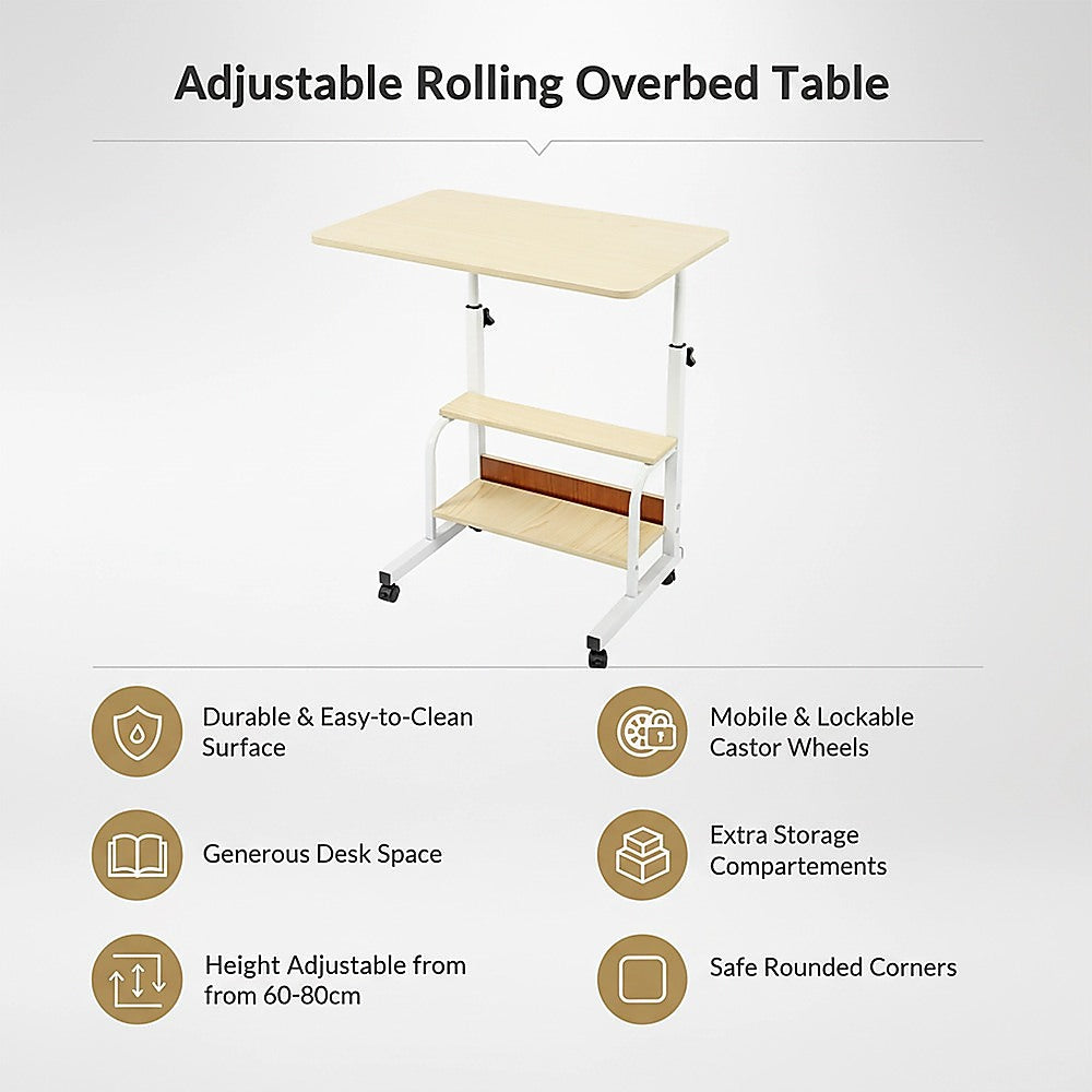 Height Adjustable Rolling Overbed Table – 60cm Mobile Computer & Study Desk on Wheels