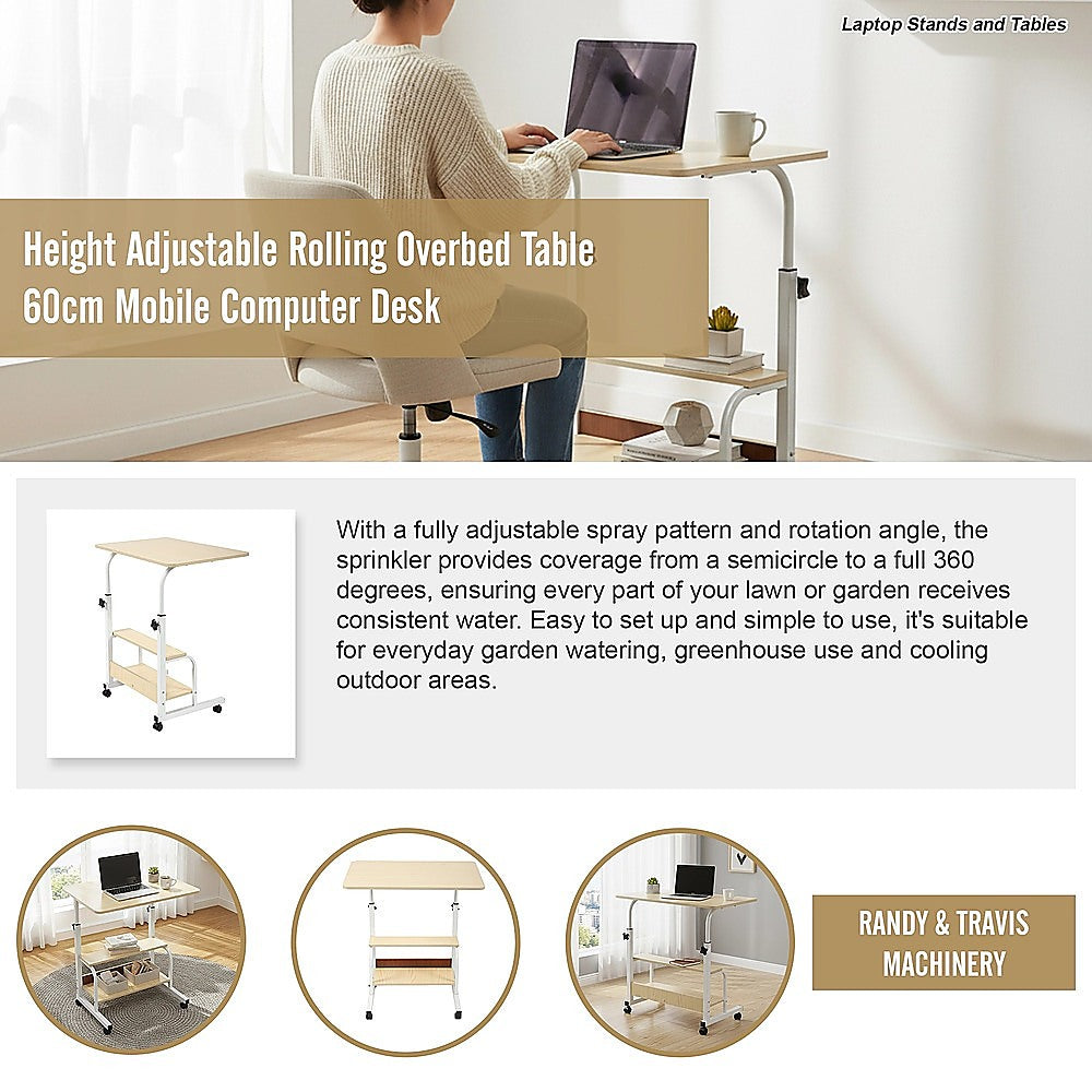 Height Adjustable Rolling Overbed Table – 60cm Mobile Computer & Study Desk on Wheels