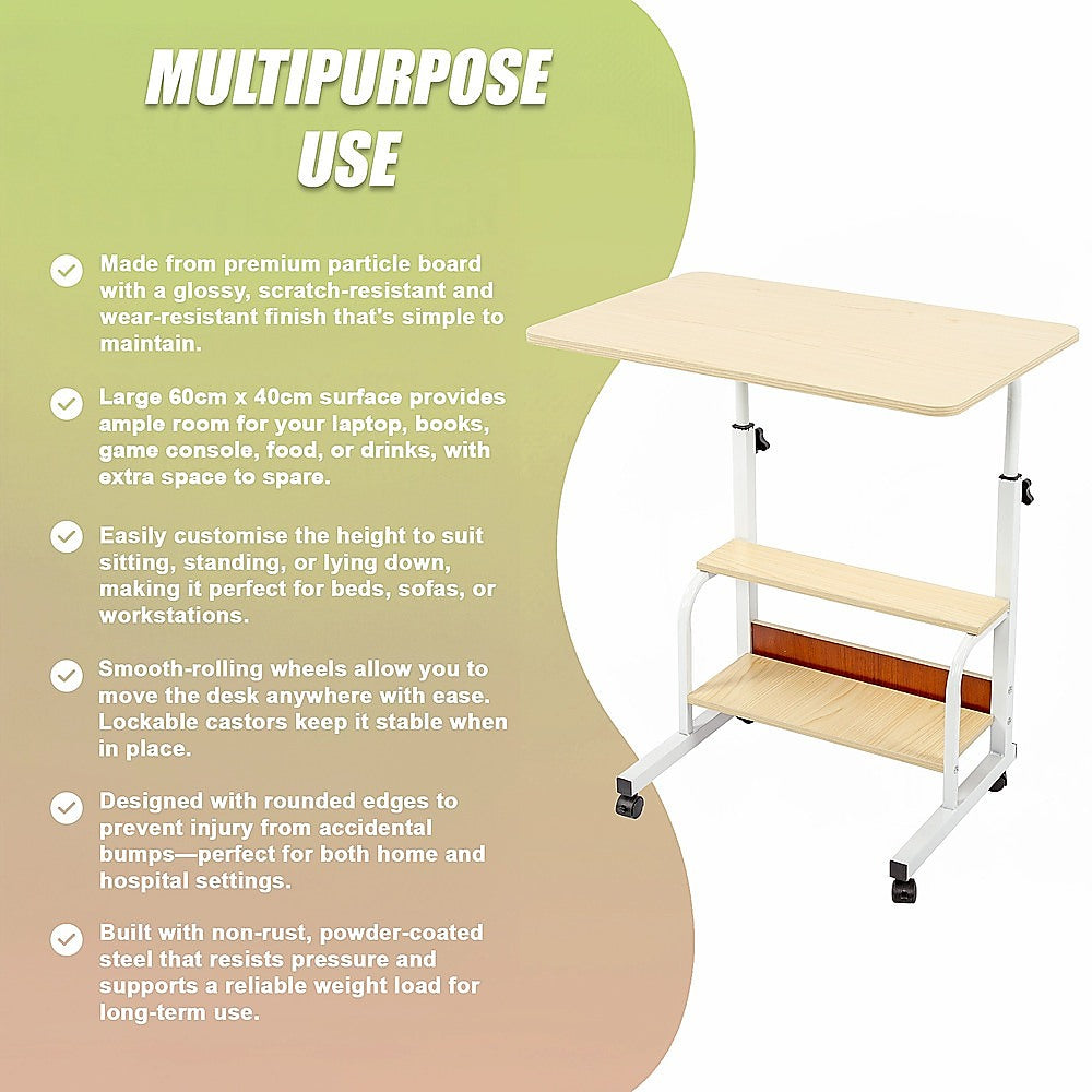 Height Adjustable Rolling Overbed Table – 60cm Mobile Computer & Study Desk on Wheels
