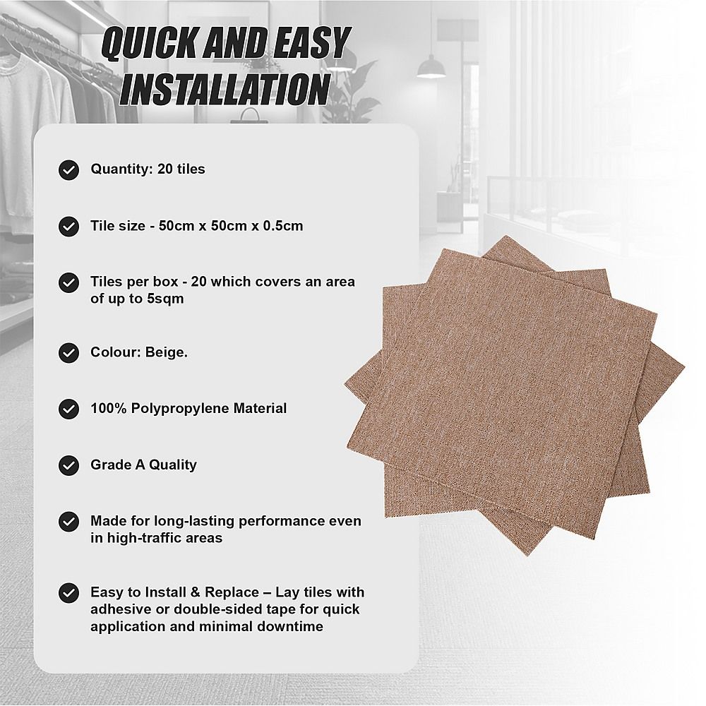 Carpet Tiles – Pack of 20 Beige Squares Covering Up to 5m²