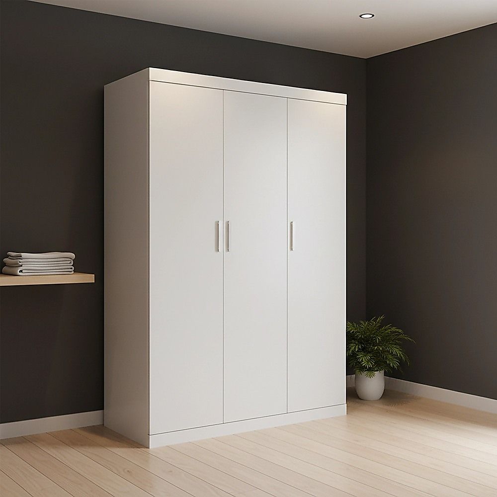 3 Door White Gloss Wardrobe – White Handles, Hanging Rail & Shelves