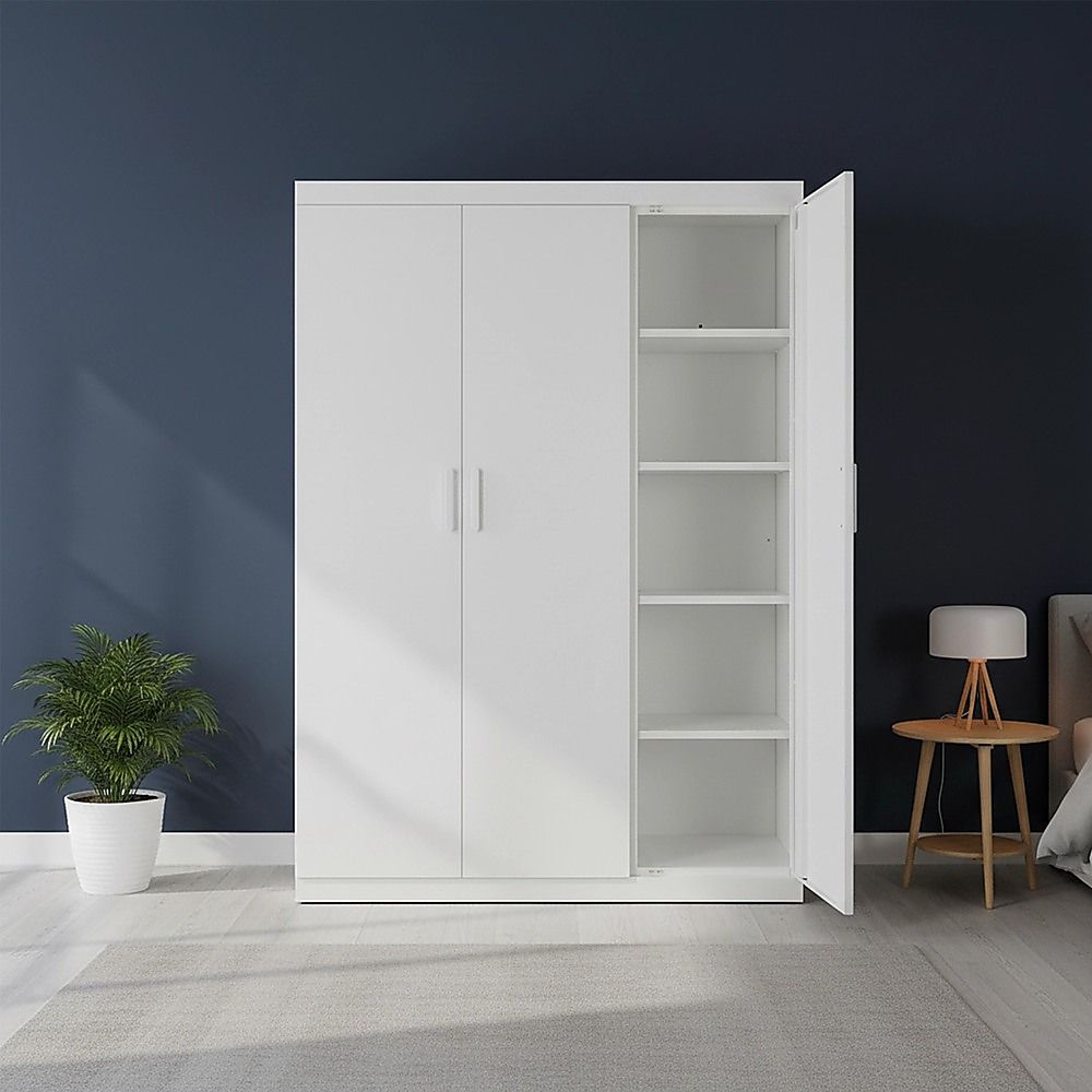 3 Door White Gloss Wardrobe – White Handles, Hanging Rail & Shelves