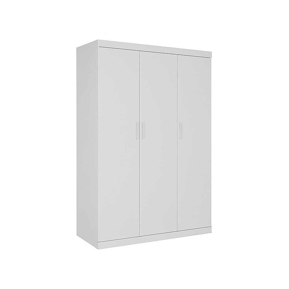 3 Door White Gloss Wardrobe – White Handles, Hanging Rail & Shelves