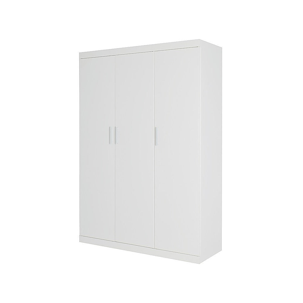 3 Door White Gloss Wardrobe – White Handles, Hanging Rail & Shelves