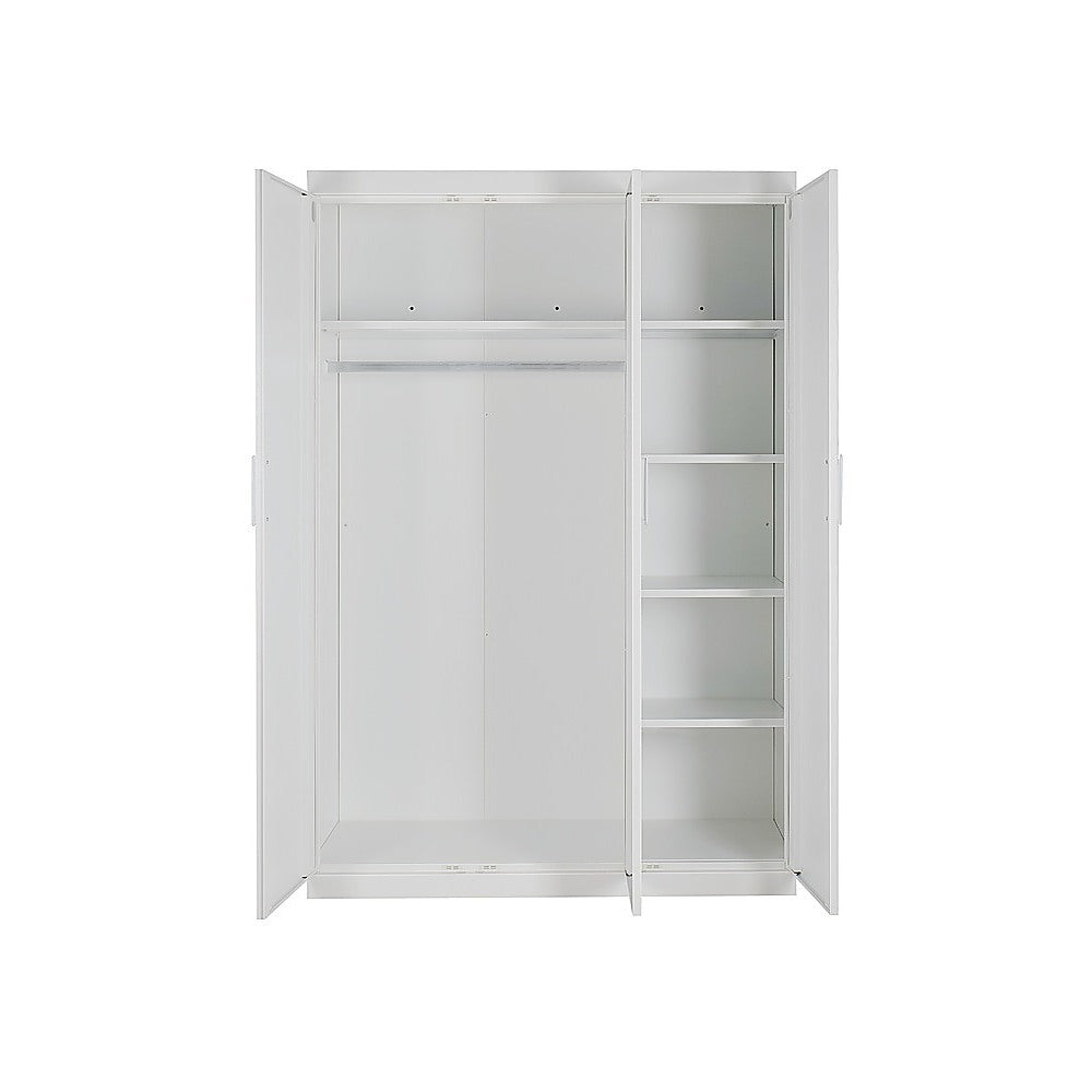3 Door White Gloss Wardrobe – White Handles, Hanging Rail & Shelves