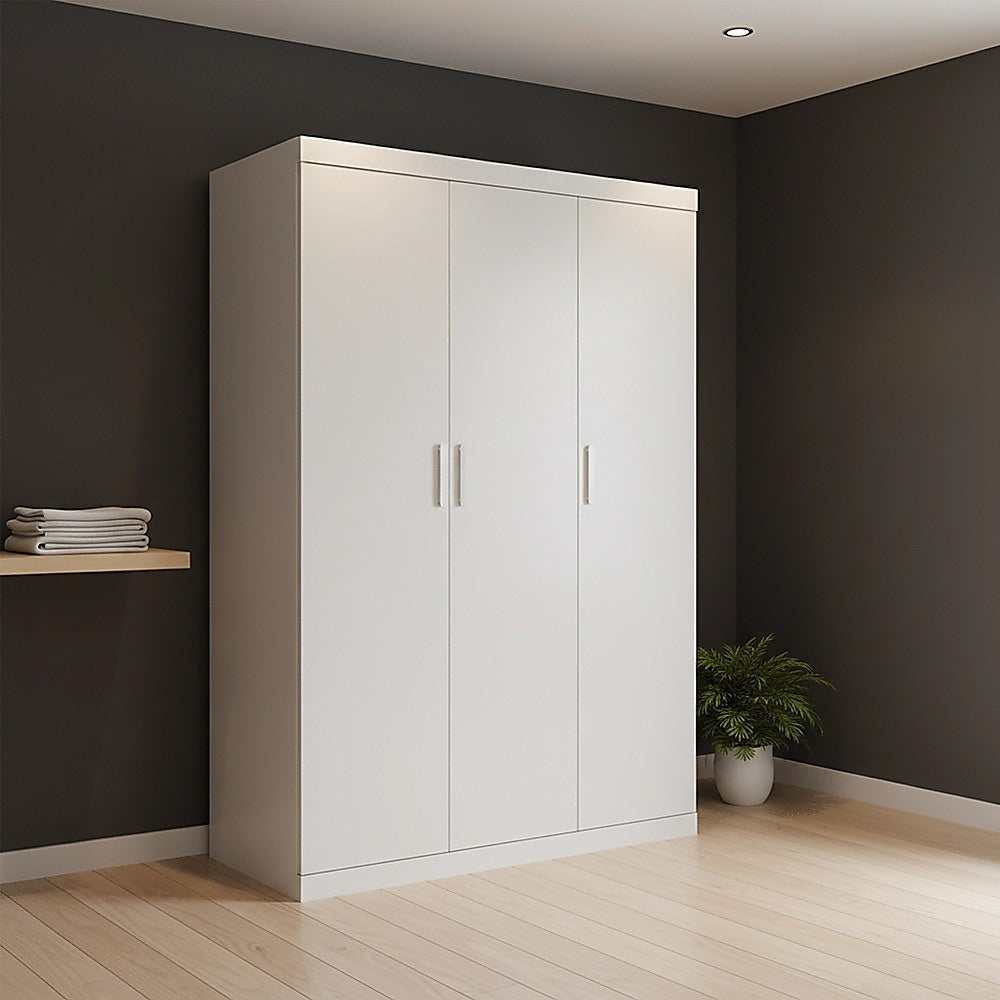 3 Door White Gloss Wardrobe – White Handles, Hanging Rail & Shelves