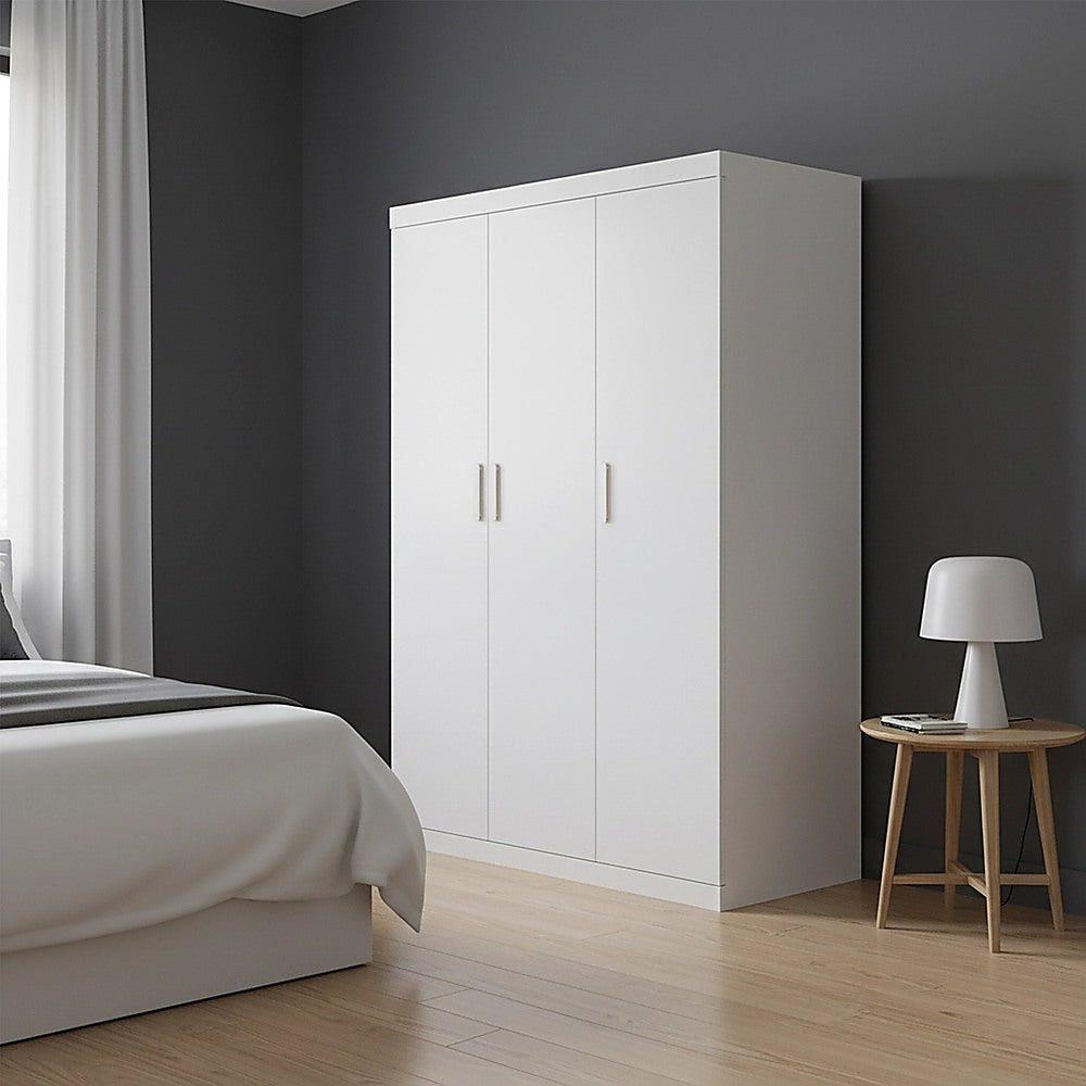 3 Door White Gloss Wardrobe – White Handles, Hanging Rail & Shelves