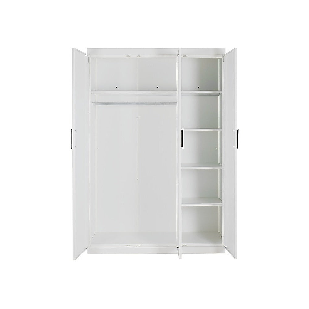 3 Door White Gloss Wardrobe – Black Handles, Hanging Rail & Shelves