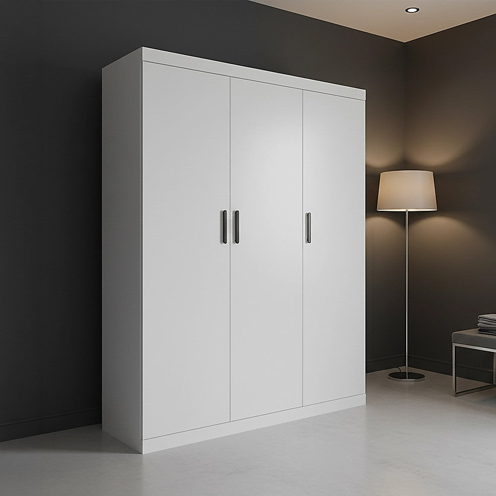 3 Door White Gloss Wardrobe – Black Handles, Hanging Rail & Shelves
