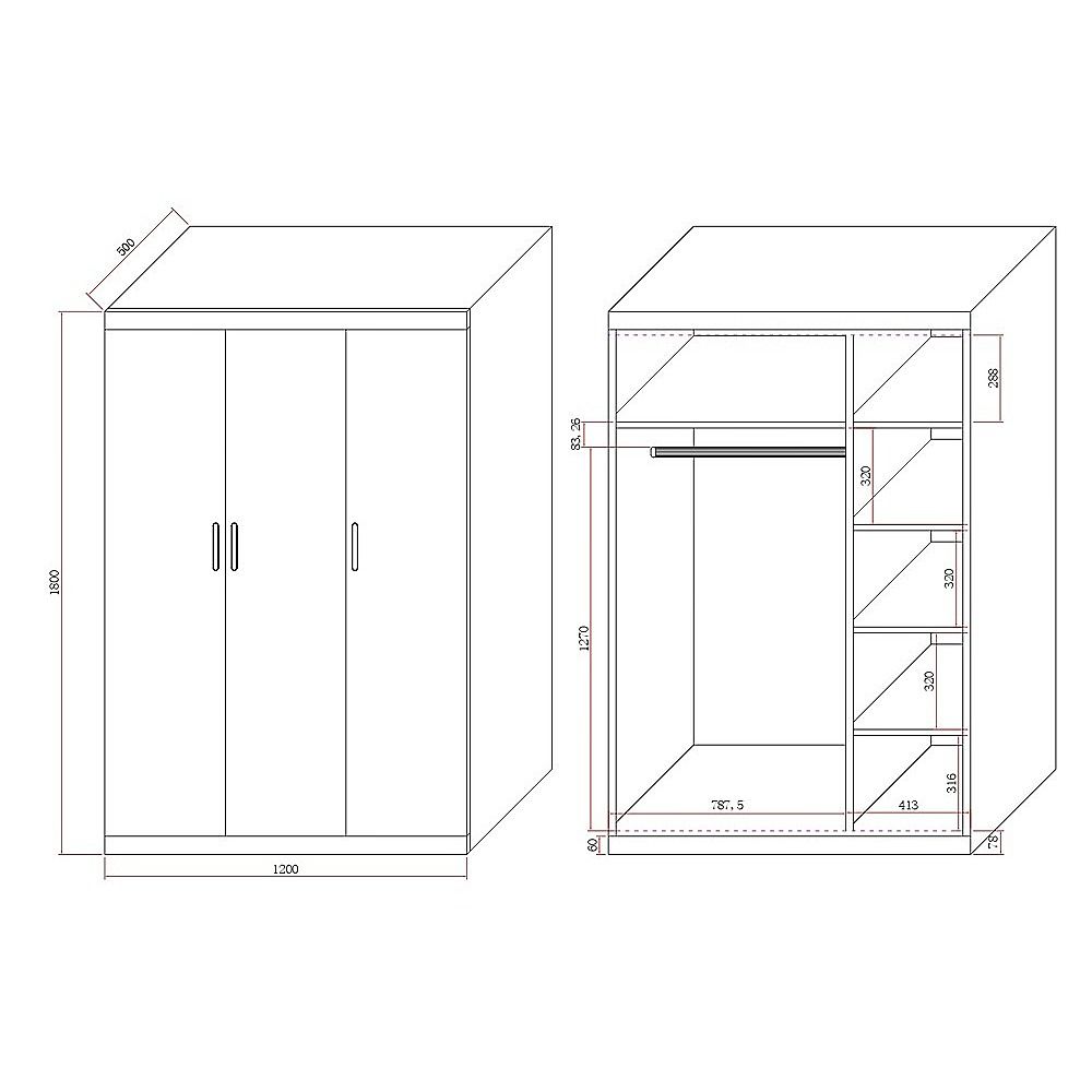 3 Door White Gloss Wardrobe – Gold Handles, Hanging Rail & Shelves