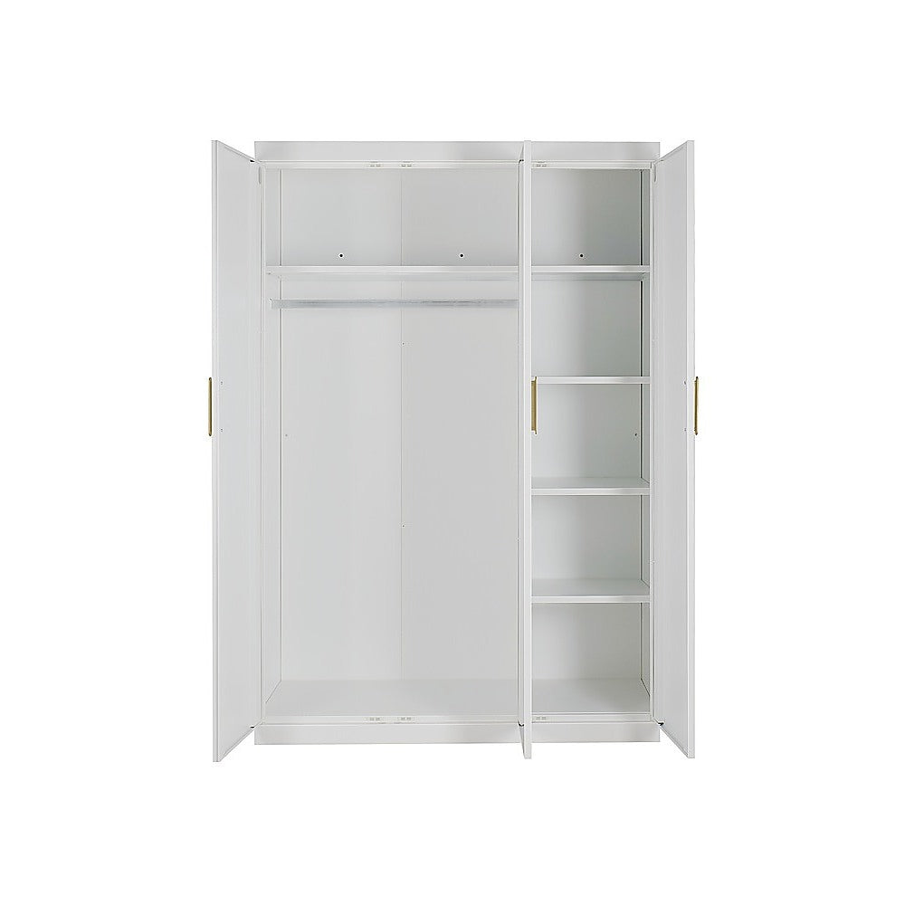 3 Door White Gloss Wardrobe – Gold Handles, Hanging Rail & Shelves