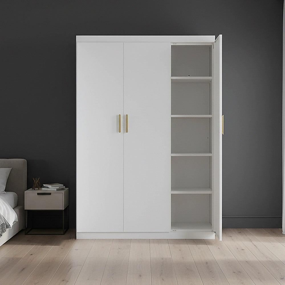 3 Door White Gloss Wardrobe – Gold Handles, Hanging Rail & Shelves