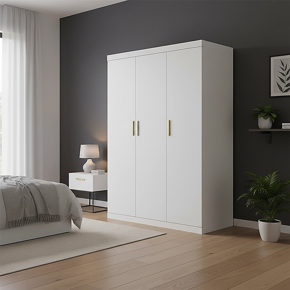 3 Door White Gloss Wardrobe – Gold Handles, Hanging Rail & Shelves