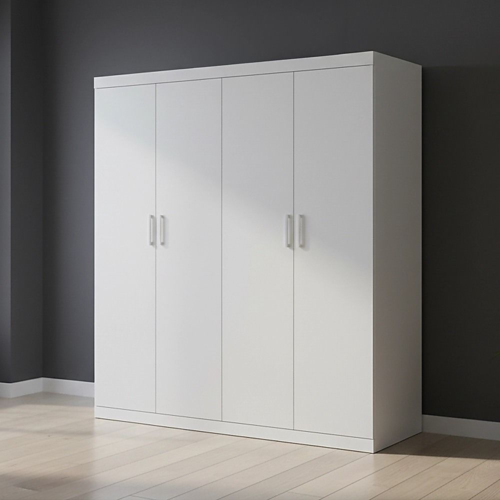 4 Door Wardrobe in White Gloss – Hanging Rail, Shelves & White Handles
