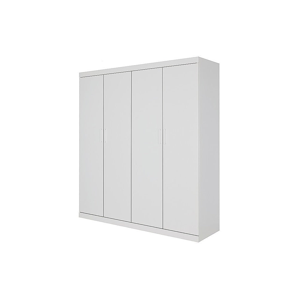 4 Door Wardrobe in White Gloss – Hanging Rail, Shelves & White Handles
