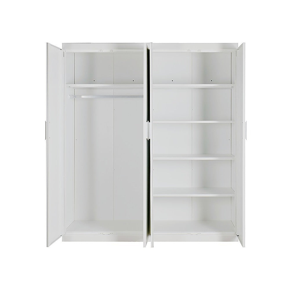 4 Door Wardrobe in White Gloss – Hanging Rail, Shelves & White Handles