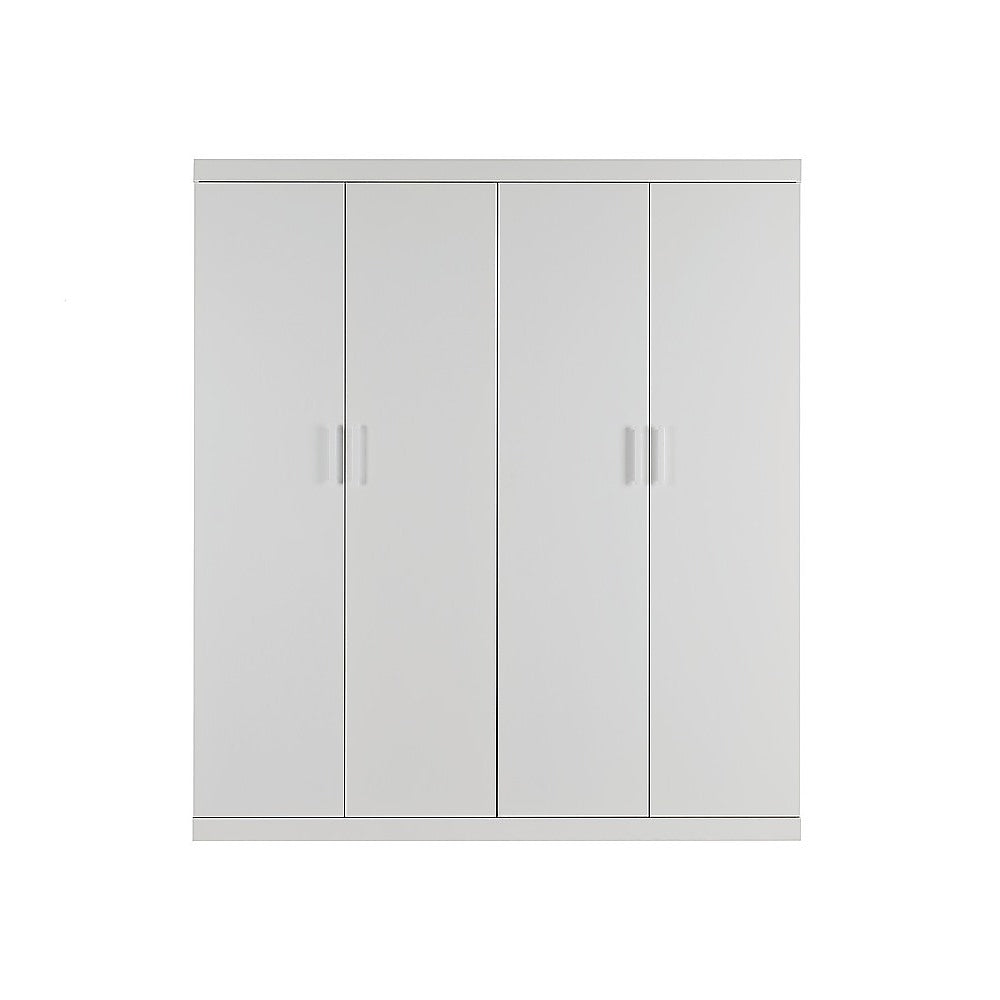 4 Door Wardrobe in White Gloss – Hanging Rail, Shelves & White Handles